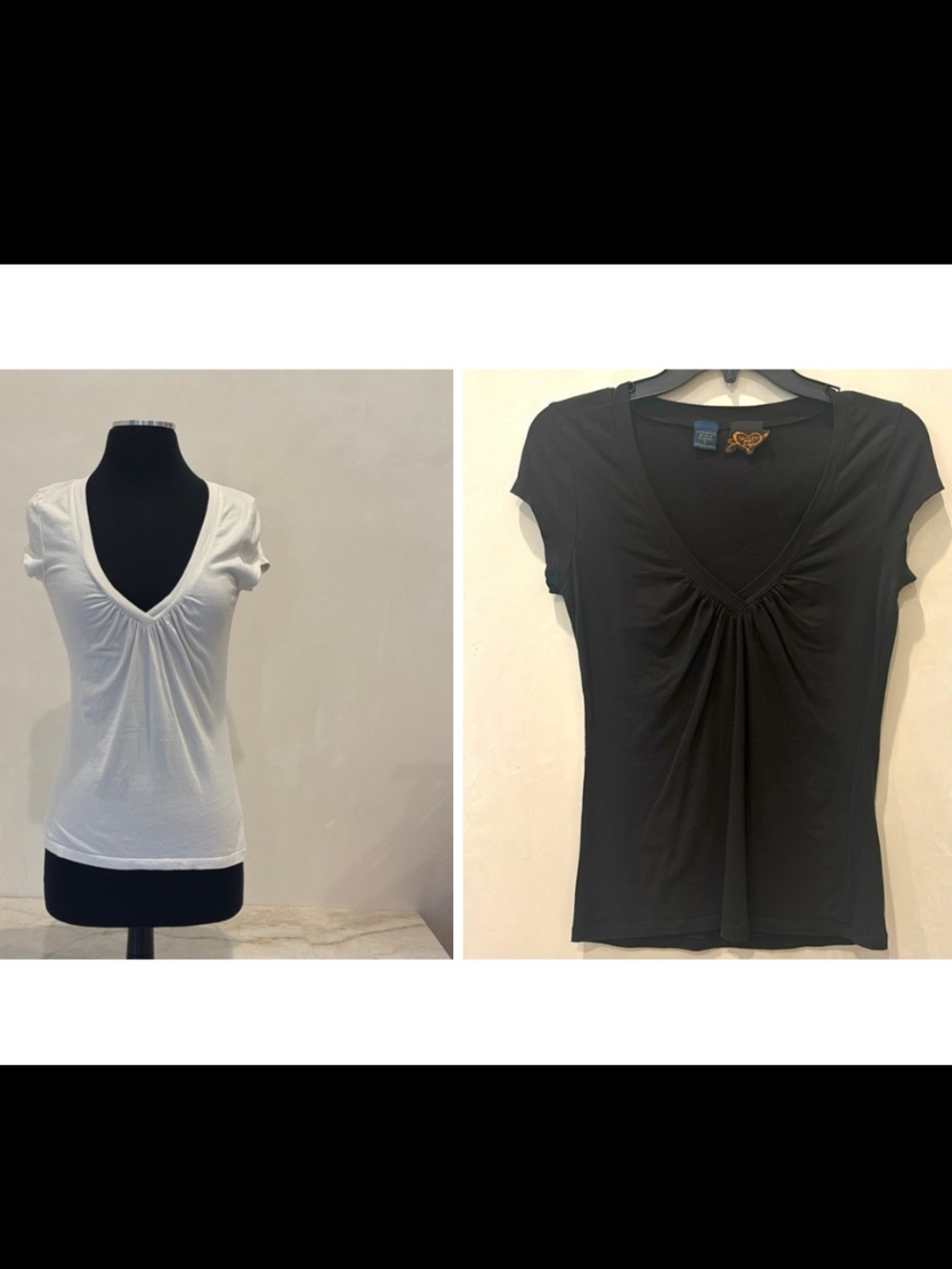 Sealed with a Kiss. Classic White V-Neck Short Sleeve Top, ruched detail. Size L